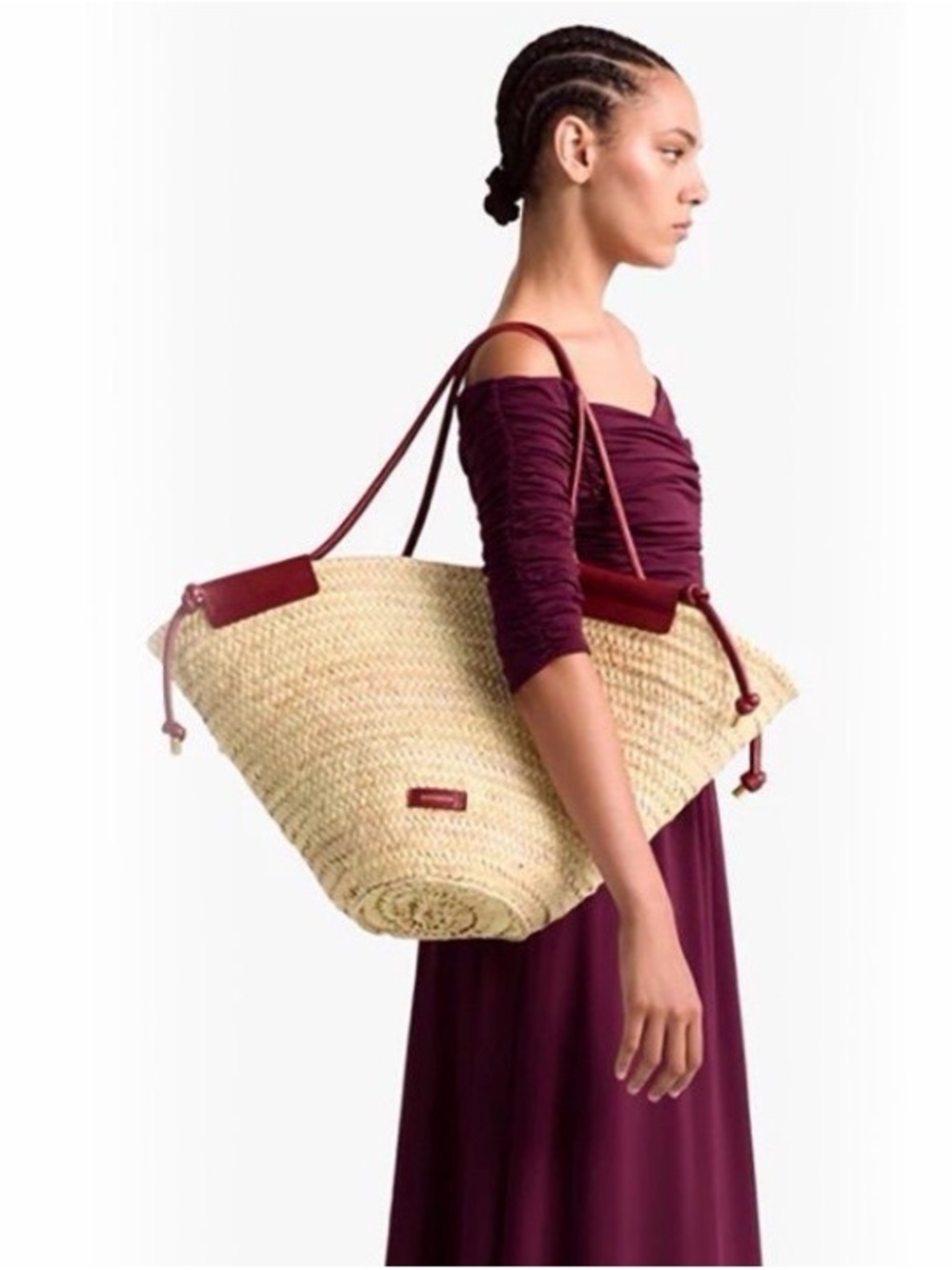 Altuzarra Natural Straw Tote with Burgundy Leather Trim- Large